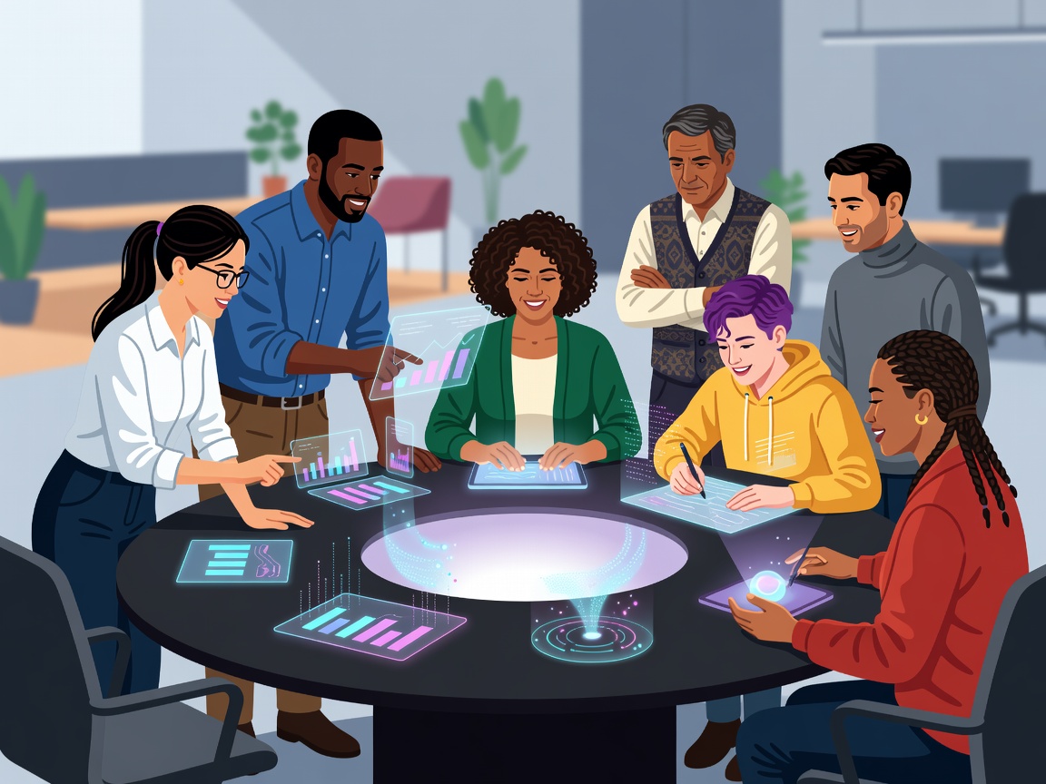 Illustration of a diverse team working around glowing digital tools