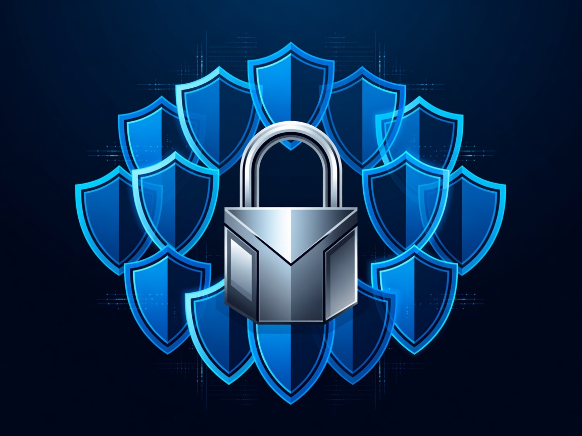A secure padlock surrounded by stylized digital shields