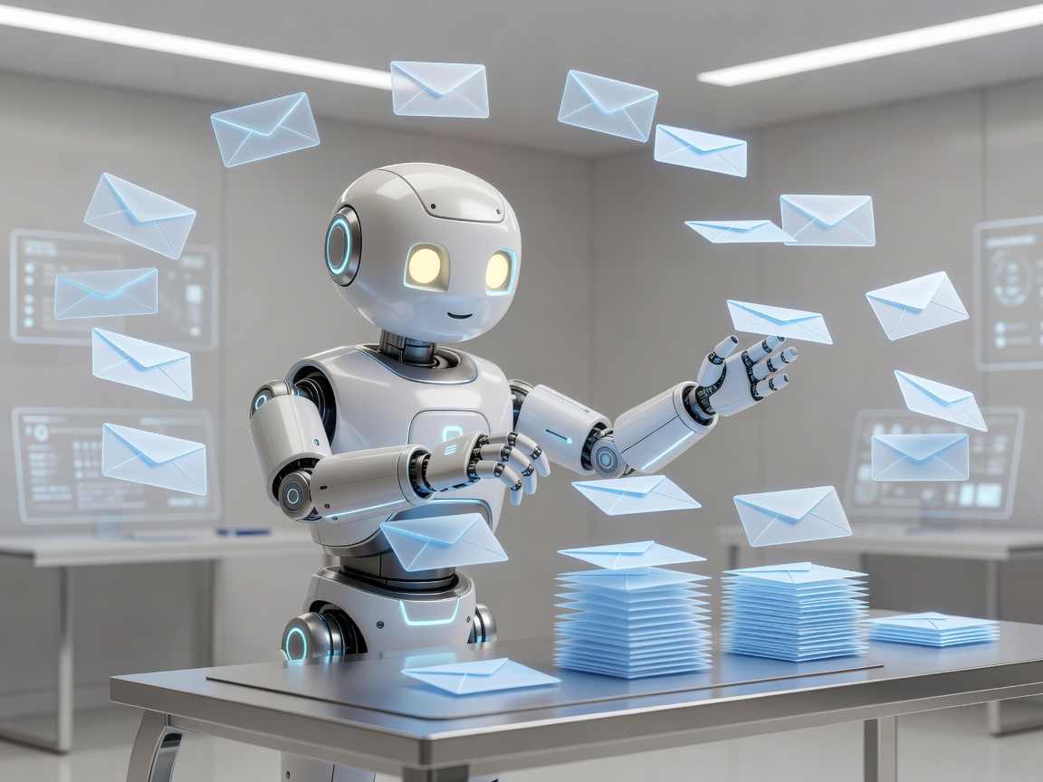 A friendly robot organizing flying envelopes