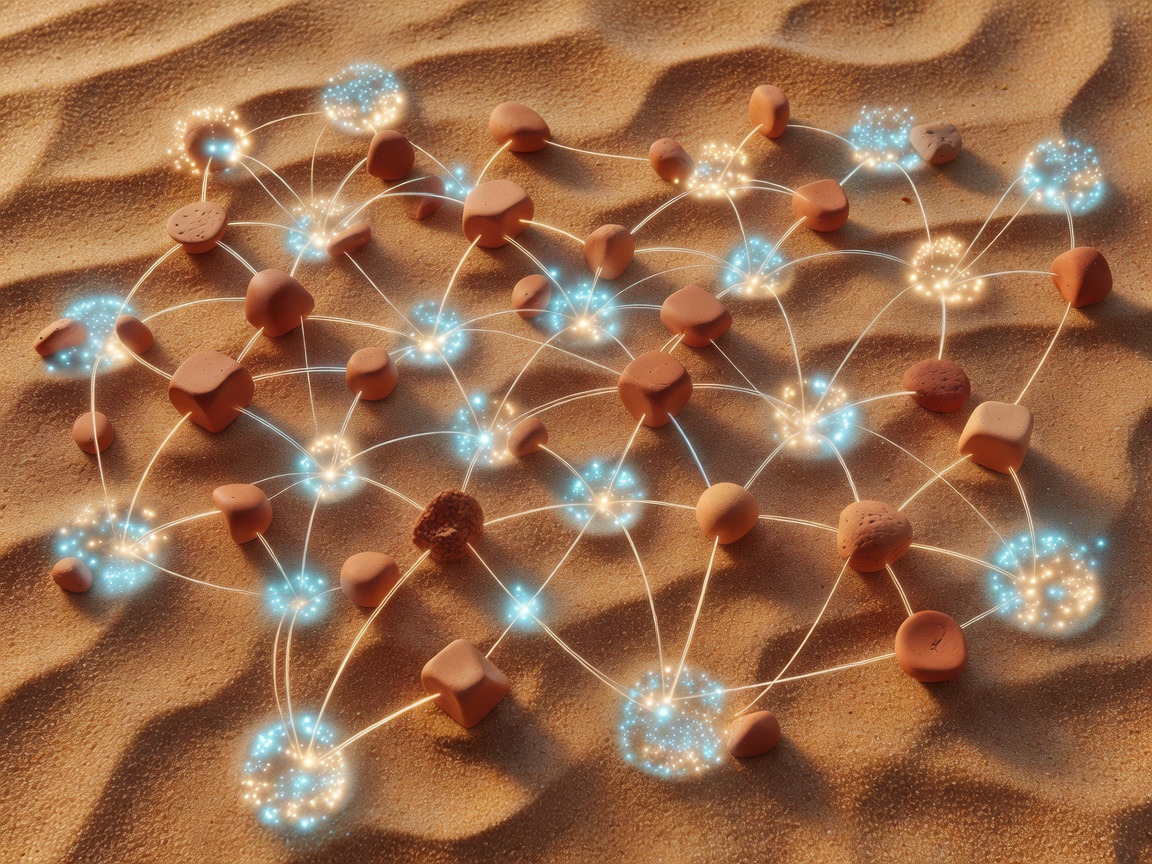 Nodes connecting glowing data points on a sand background